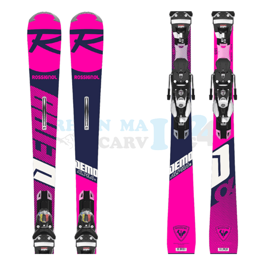 Rossignol Alpha Demo mit Platte sowie Bindung, der Ski ist in der Farbe pink-blau-weiß, die Ansicht des oberen sowie unteren Teils des Skis