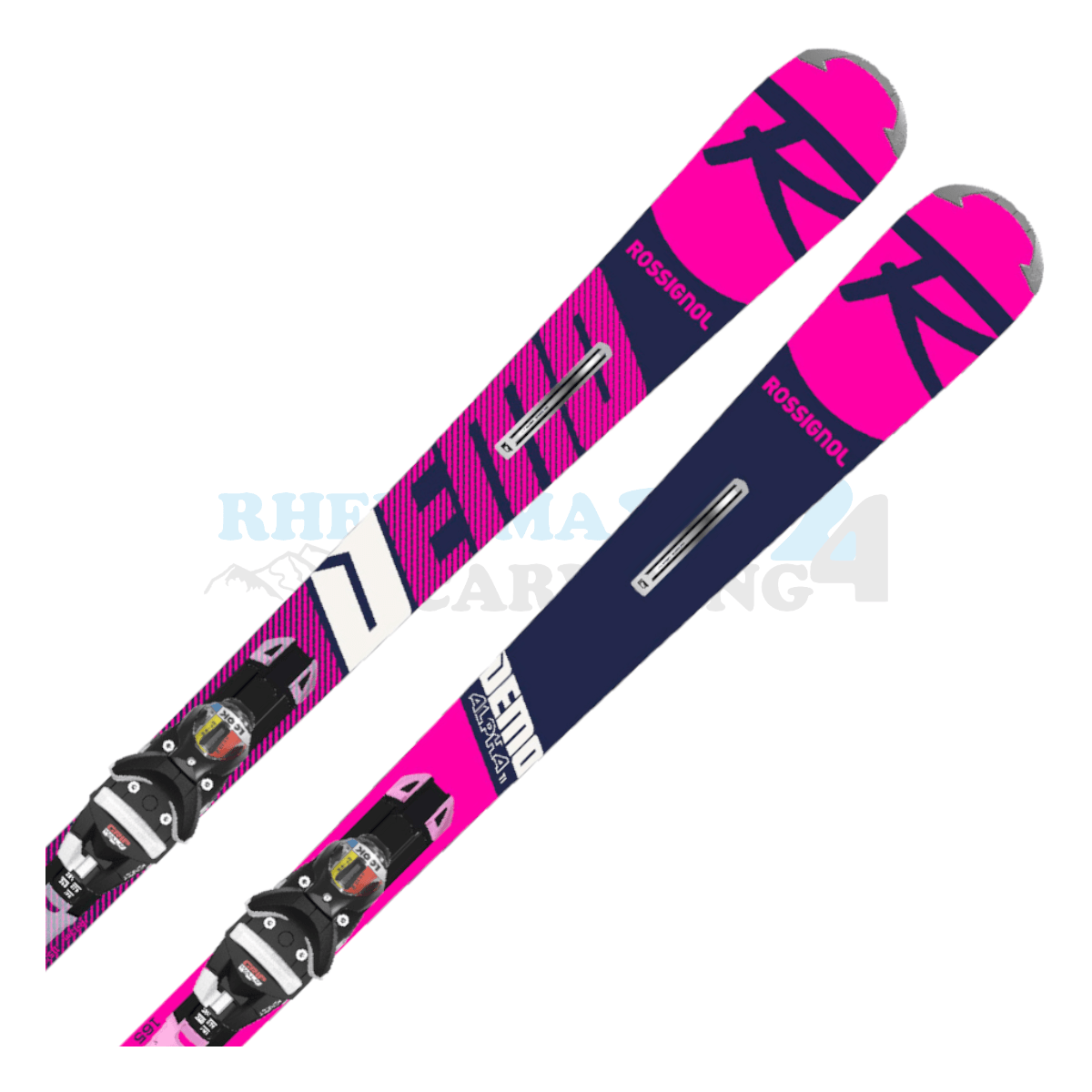 Rossignol Alpha Demo mit Platte sowie Bindung, der Ski ist in der Farbe pink-blau-weiß, die Ansicht des oberen Teils des Skis