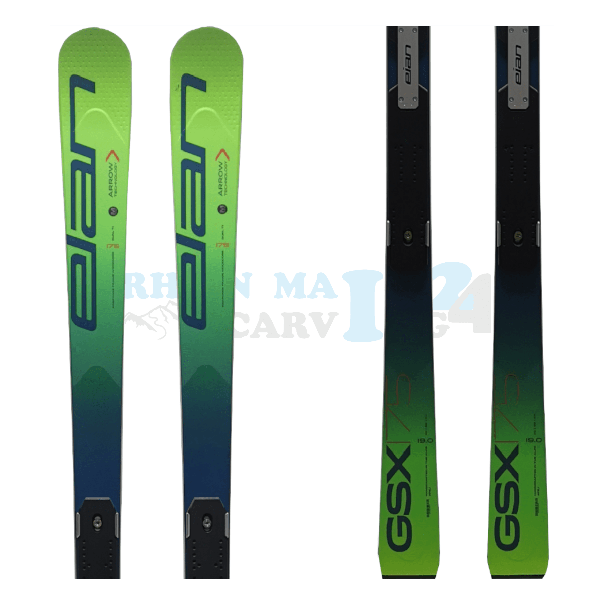 Elan GSX Master mit der Rennplatte, der Ski ist aus dem Jahr 2020, die Farbe ist grün, die Ansicht des oberen sowie unteren Teils des Skis