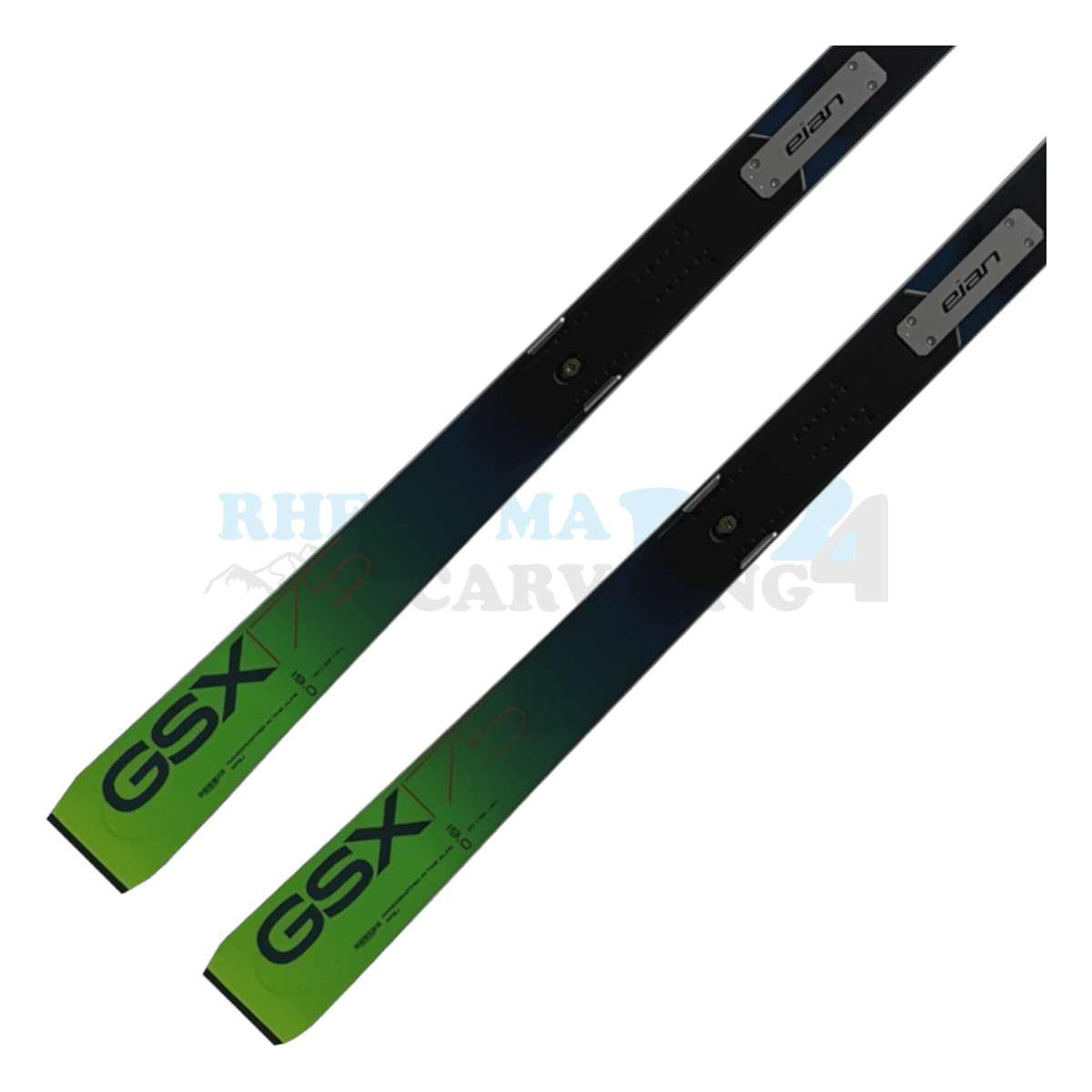 Elan GSX Master mit der Rennplatte, der Ski ist aus dem Jahr 2020, die Farbe ist grün, die Ansicht des unteren Teils des Skis
