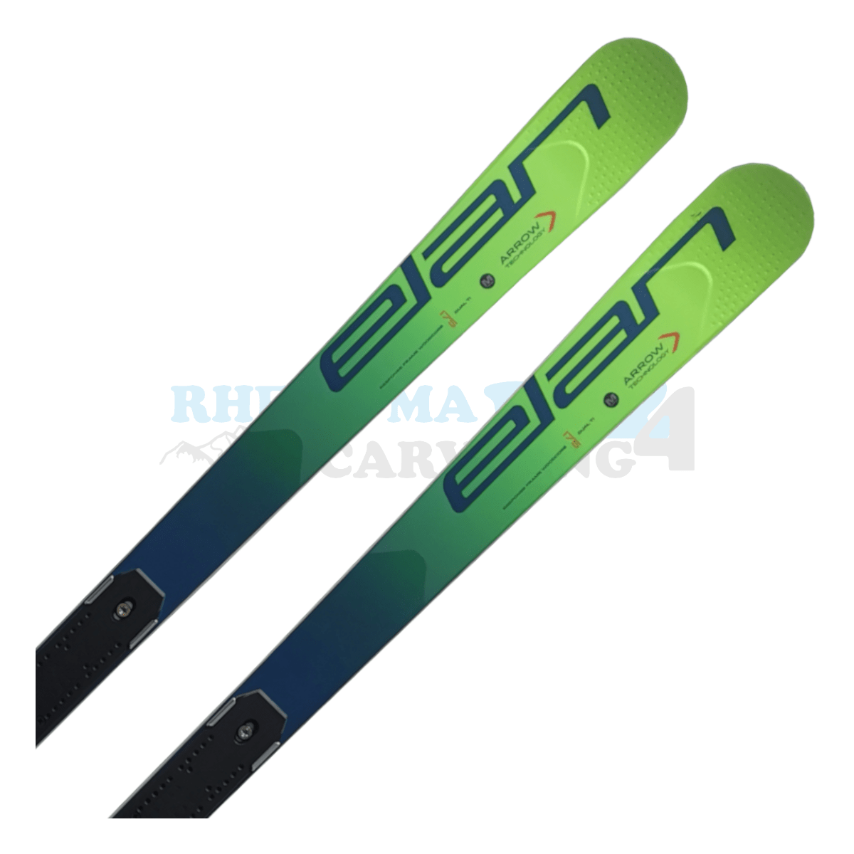 Elan GSX Master mit der Rennplatte, der Ski ist aus dem Jahr 2020, die Farbe ist grün, die Ansicht des oberen Teils des Skis
