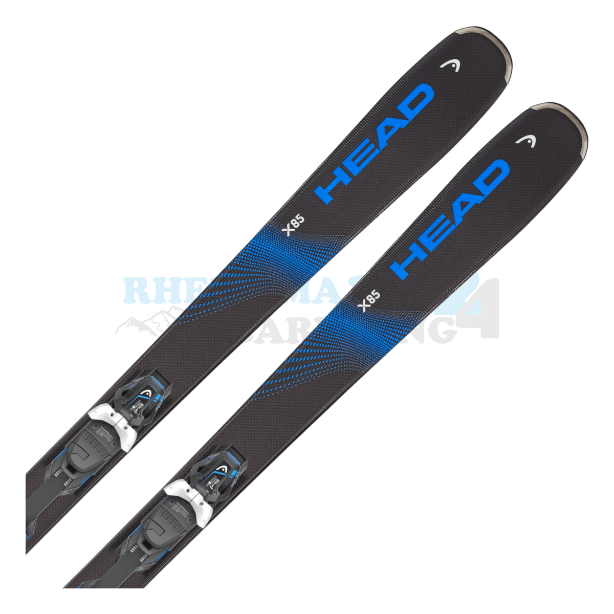Head Kore X mit Platte sowie Bindung, der Ski ist in der Farbe schwarz-blau, die Ansicht des oberen Teils des Skis