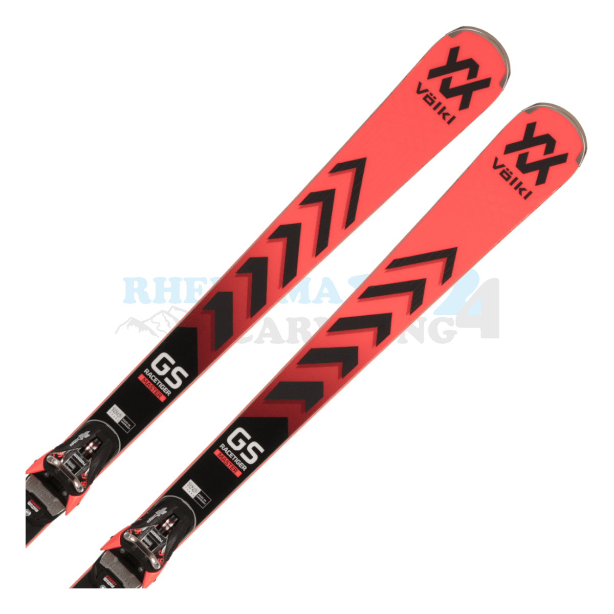 Völkl Racetiger GS Master mit Platte sowie Bindung aus dem Jahre 2024, der Ski ist in der Farbe rot-schwarz, die Ansicht des oberen Teils des Skis
