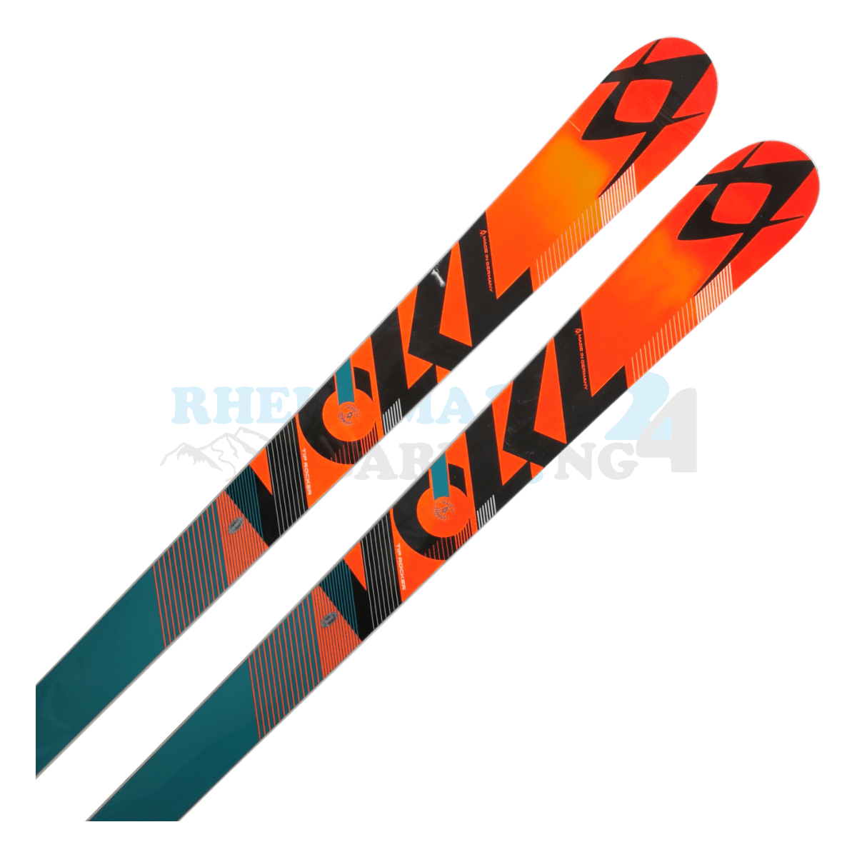 Völkl Racetiger Super-G in den Farben türkis-orange, Ansicht des oberen Teils des Skis