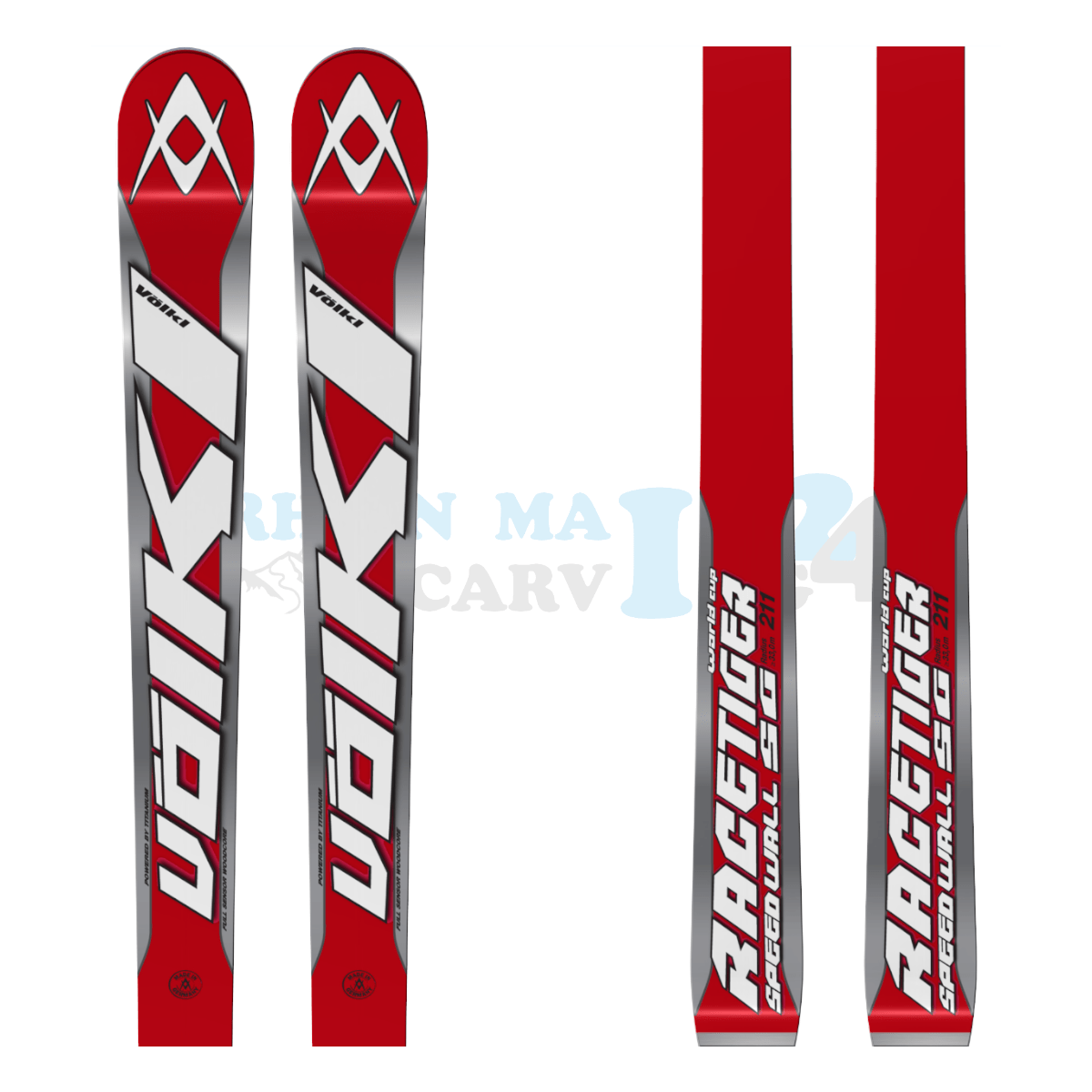 Völkl Racetiger Super-G in der Farbe rot-silber, Ansicht des oberen sowie unteren Teils des Skis