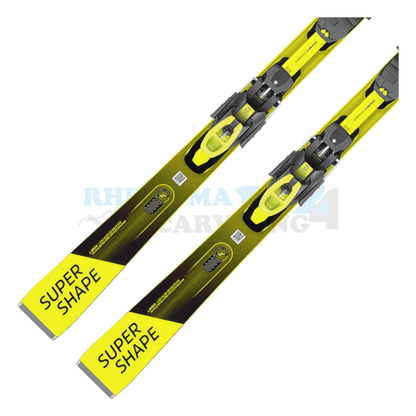 Head Supershape e-Speed mit Platte und Bindung, der Ski ist in der Farbe ist in gelb-schwarz, die Ansicht des unteren Teils des Skis