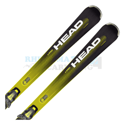 Head Supershape e-Speed mit Platte und Bindung, der Ski ist in der Farbe ist in gelb-schwarz, die Ansicht des oberen Teils des Skis
