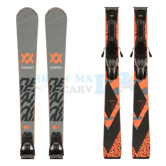 Völkl Deacon 75 mit Platte sowie Bindung aus dem Jahrgang 2024, der Ski ist in der Farbe hellgrau-hellorange, die Ansicht des oberen sowie unteren Teils des Skis