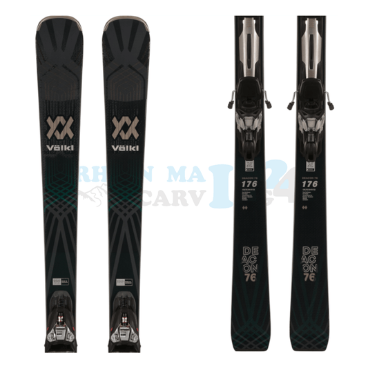 Völkl Deacon 76 black mit Platte sowie Bindung aus dem Jahrgang 2024, der Ski ist in der Farbe schwarz, die Ansicht des oberen sowie unteren Teils des Skis