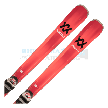 Völkl Deacon 80 mit Platte sowie Bindung aus dem Jahrgang 2024, der Ski ist in der Farbe hellrot, die Ansicht des oberen Teils des Skis