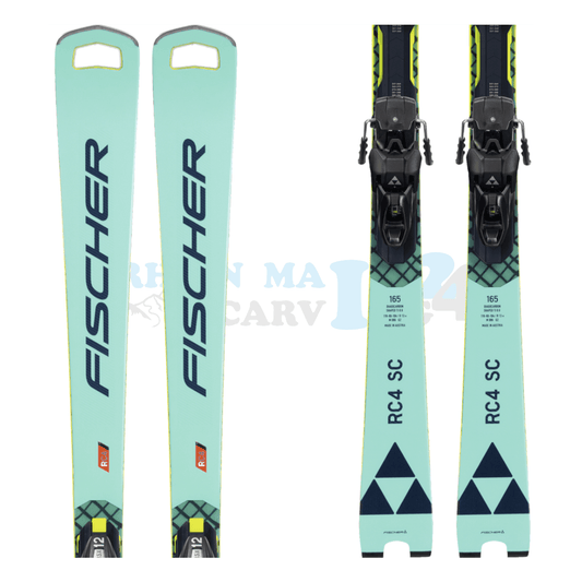 Fischer RC4 Worldcup SC mit Platte sowie Bindung, der Ski ist in der Farbe türkis, Ansicht des oberen sowie unteren Teils des Skis