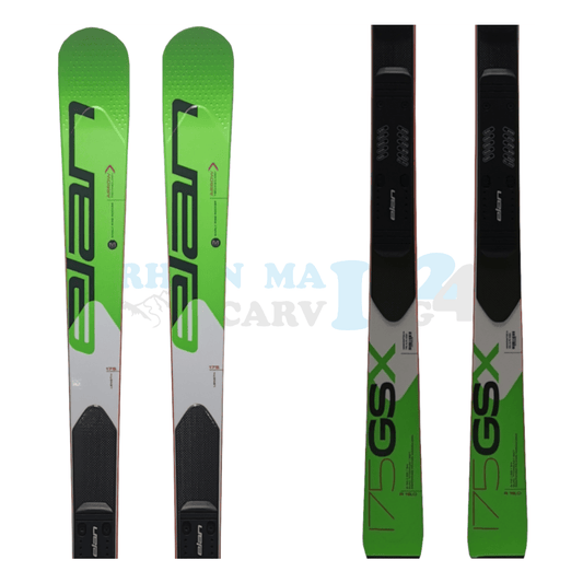 Elan GSX Master mit einer Platte, der Ski ist aus dem Jahr 2018, die Farbe ist grün-weiß, die Ansicht des oberen sowie unteren Teils des Skis