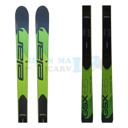 Elan GSX Master mit einer Platte, der Ski ist aus dem Jahr 2019, die Farbe ist grün-schwarz, die Ansicht des oberen sowie unteren Teils des Skis