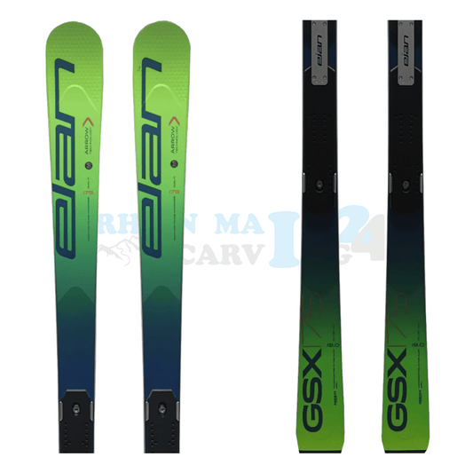 Elan GSX Master mit der Rennplatte, der Ski ist aus dem Jahr 2020, die Farbe ist grün, die Ansicht des oberen sowie unteren Teils des Skis