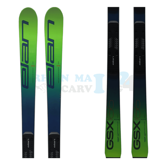 Elan GSX mit Platte, der Ski ist in der Farbe grün, Ansicht des oberen sowie unteren Teils des Skis 
