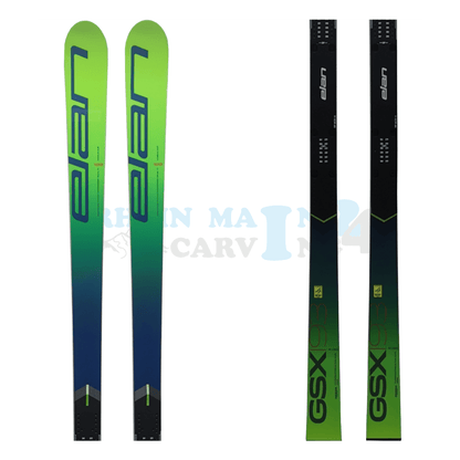 Elan GSX Worldcup FIS mit der Raceplate, der Ski ist in der Farbe grün, Ansicht des oberen sowie unteren Teils des Skis