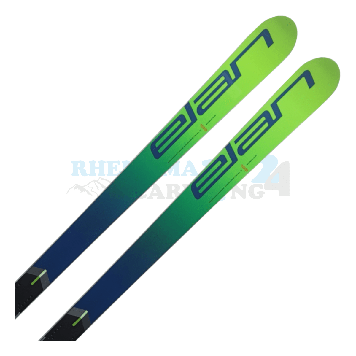 Elan GSX Worldcup FIS mit der Raceplate, der Ski ist in der Farbe grün, Ansicht des oberen Teils des Skis