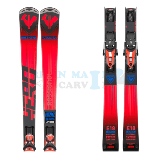 Rossignol Hero Elite LT-TI mit Platte sowie Bindung, der Ski ist in der Farbe rot-schwarz, die Ansicht des oberen sowie unteren Teils des Skis