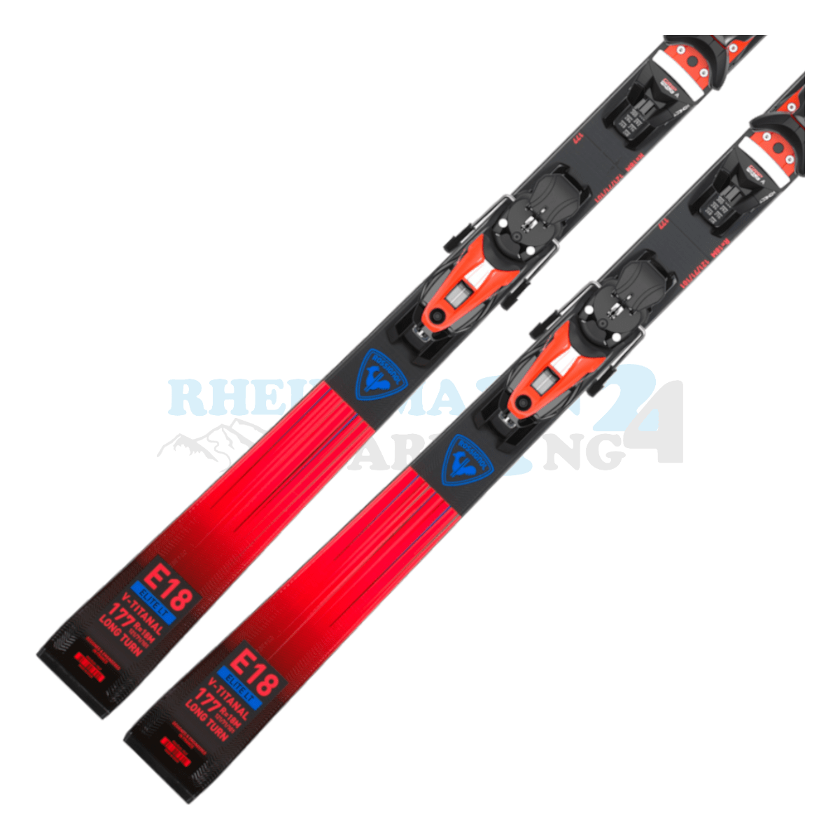 Rossignol Hero Elite LT-TI mit Platte sowie Bindung, der Ski ist in der Farbe rot-schwarz, die Ansicht des unteren Teils des Skis