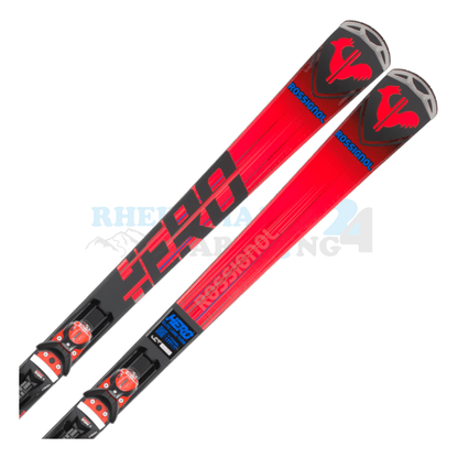 Rossignol Hero Elite LT-TI mit Platte sowie Bindung, der Ski ist in der Farbe rot-schwarz, die Ansicht des oberen Teils des Skis