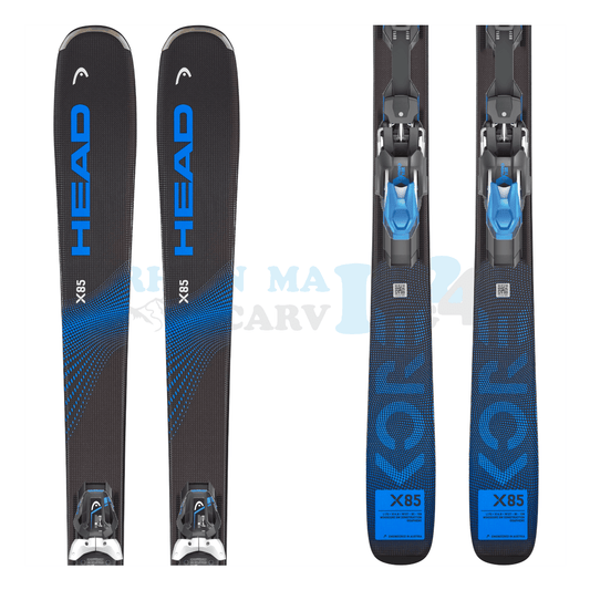 Head Kore X mit Platte sowie Bindung, der Ski ist in der Farbe schwarz-blau, die Ansicht des oberen sowie unteren Teils des Skis