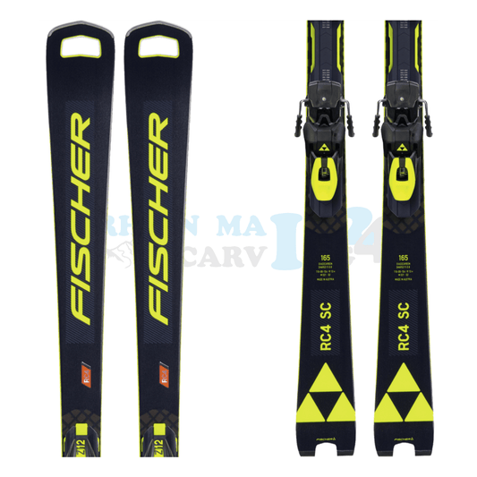 Fischer RC4 Worldcup SC mit Platte sowie Bindung, der Ski ist in der Farbe schwarz, Ansicht des oberen sowie unteren Teils des Skis