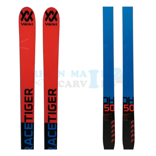 Völkl Racetiger DownHill Ski in den Farben blau-rot, Ansicht des oberen sowie des unteren Teils des Skis 