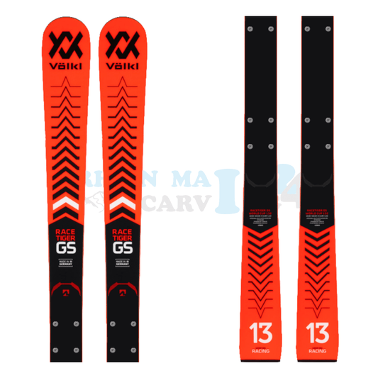 Völkl Racetiger GS Junior mit Platte, der Ski ist in der Farbe orange, die Ansicht des oberen sowie unteren Teils des Skis