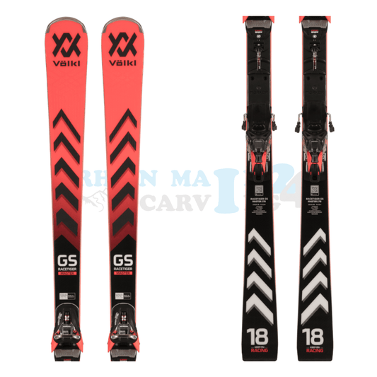 Völkl Racetiger GS Master mit Platte sowie Bindung aus dem Jahre 2024, der Ski ist in der Farbe rot-schwarz, die Ansicht des oberen sowie unteren Teils des Skis