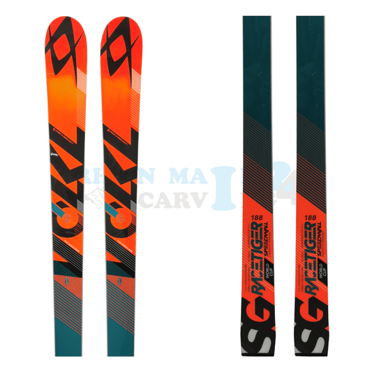 Völkl Racetiger Super-G in den Farben türkis-orange, Ansicht des oberen sowie unteren Teils des Skis