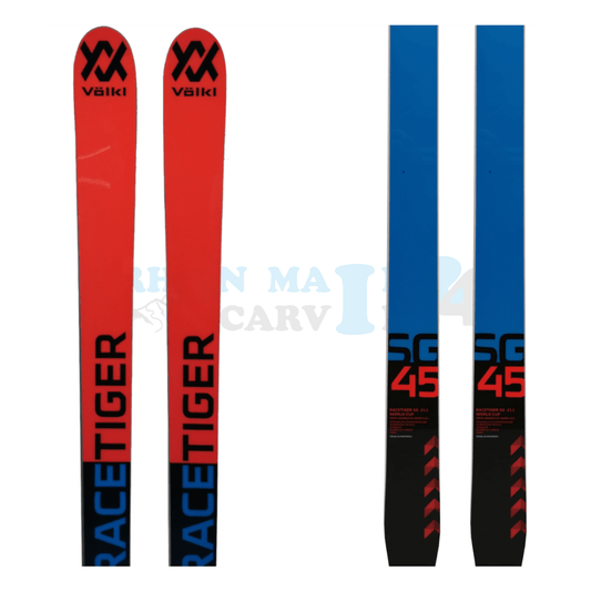 Völkl Racetiger Super-G in den Farben schwarz-rot, Ansicht des oberen sowie unteren Teils des Skis