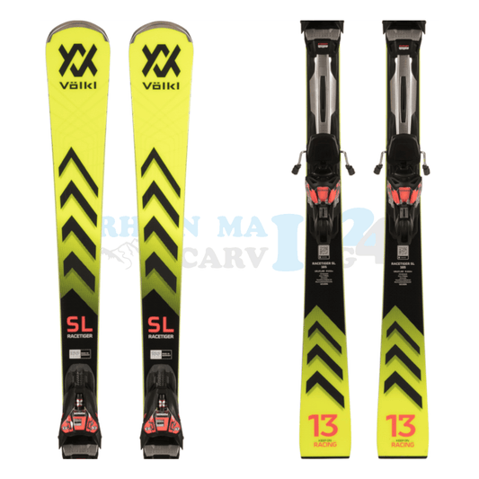 Völkl Racetiger SL mit Platte sowie Bindung aus dem Jahrgang 2024, der Ski ist in der Farbe gelb, die Ansicht des oberen sowie unteren Teils des Skis