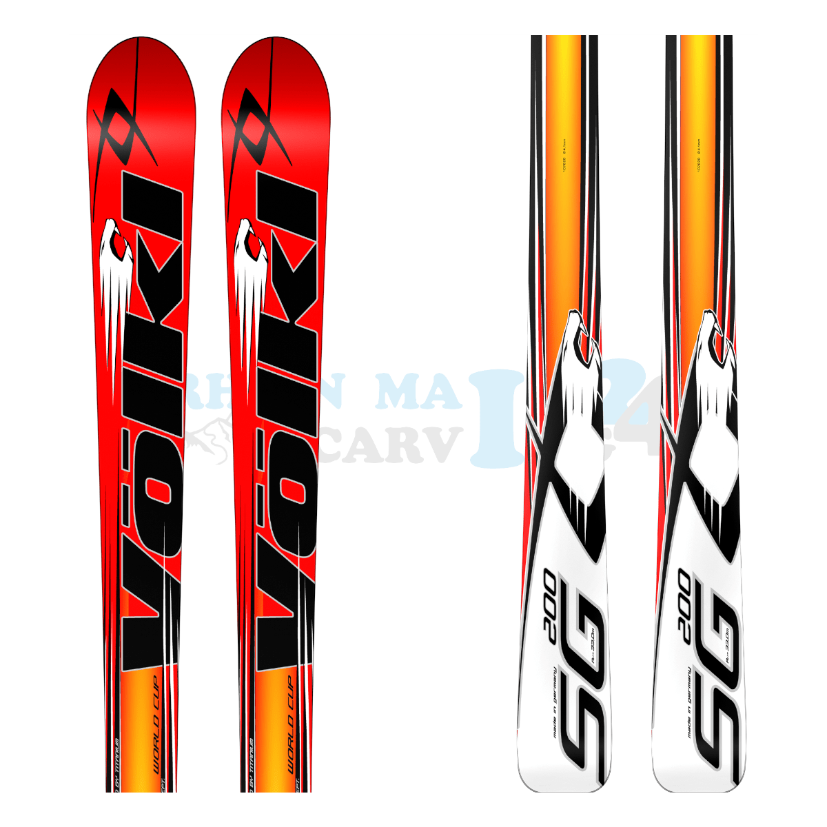 Völkl Racetiger Super-G mit dem Design eines Tigers, Ansicht des oberen sowie unteren Teils des Skis 