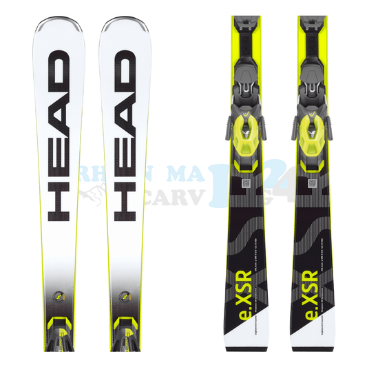 Head Rebels-eXSR mit Platte und Bindung, der Ski ist in der Farbe weiß-schwarz-gelb, die Ansicht des oberen sowie unteren Teils des Skis