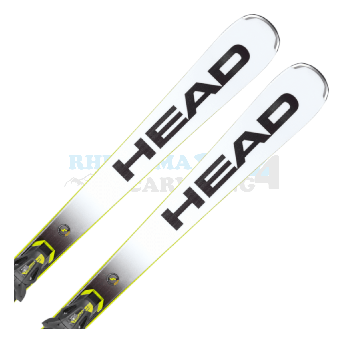 Head Rebels-eXSR mit Platte und Bindung, der Ski ist in der Farbe weiß-schwarz-gelb, die Ansicht des oberen Teils des Skis