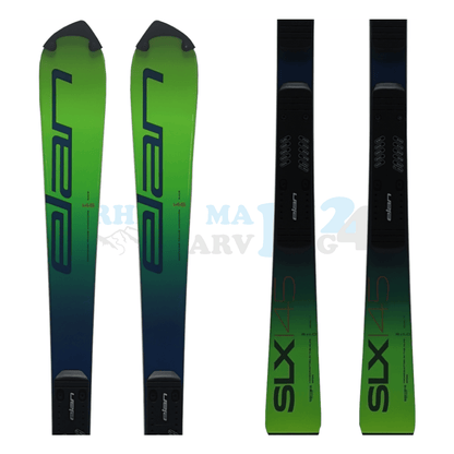 Elan SLX Junior mit Platte aus dem Jahr 2020, der Ski ist in der Farbe grün, die Ansicht des oberen sowie unteren Teils des Skis