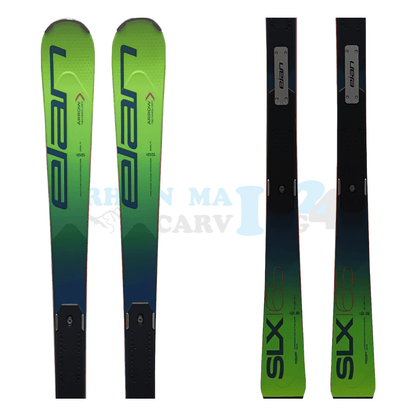 Elan SLX Worldcup FIS Ski mit der Rennplatte, der Ski ist aus dem Jahr 2020, der Ski ist in der Farbe grün, die Ansicht des oberen sowie unteren Teils des Skis