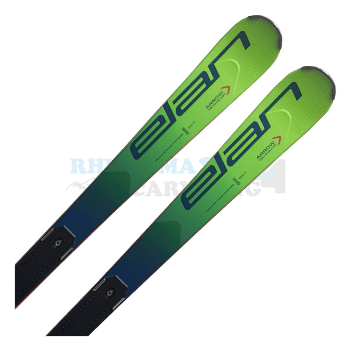 Elan SLX Worldcup FIS Ski mit der Rennplatte, der Ski ist aus dem Jahr 2020, der Ski ist in der Farbe grün, die Ansicht des oberen Teils des Skis