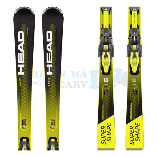 Head Supershape e-Speed mit Platte und Bindung, der Ski ist in der Farbe ist in gelb-schwarz, die Ansicht des oberen sowie unteren Teils des Skis